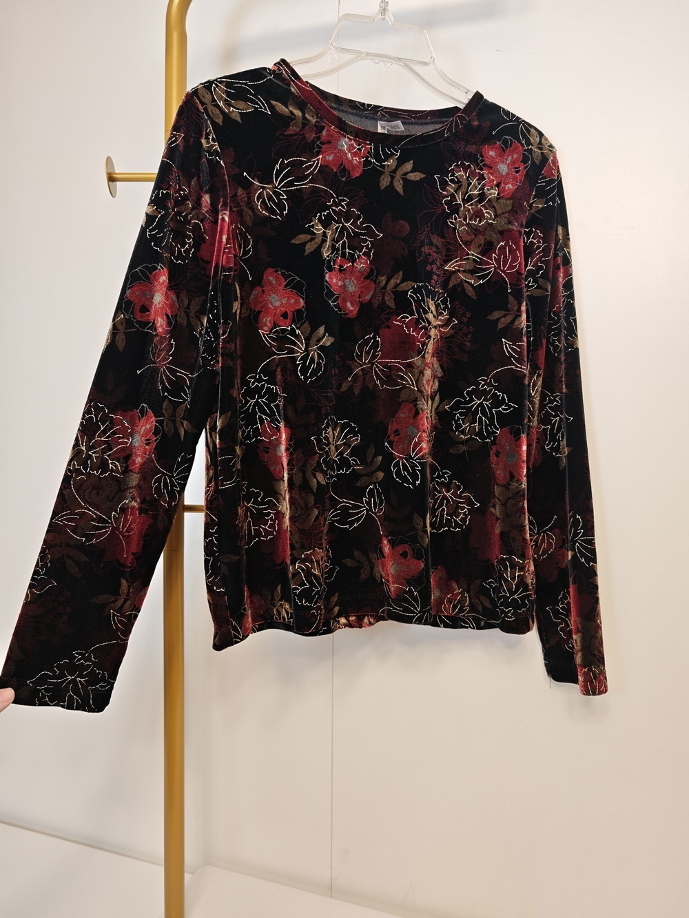 Vintage Whimsigoth Black Velvet Long-Sleeve Floral Tee Red And Gold Size Medium